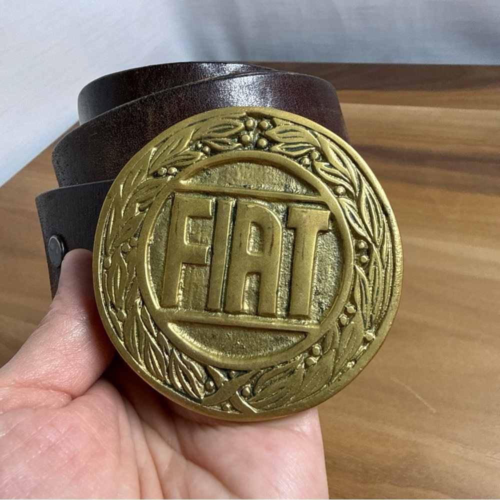 VTG FIAT 1970s Auto & Car Company Solid Brass Sz 34 Baron Belt Buckle Brown Belt